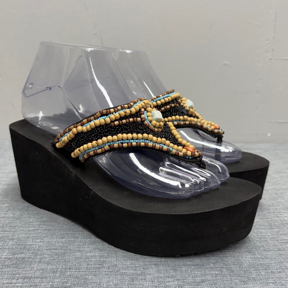 No Boundaries Wedge Sandals Women 7.5 Black Y2K Rare Beaded Platform Thong